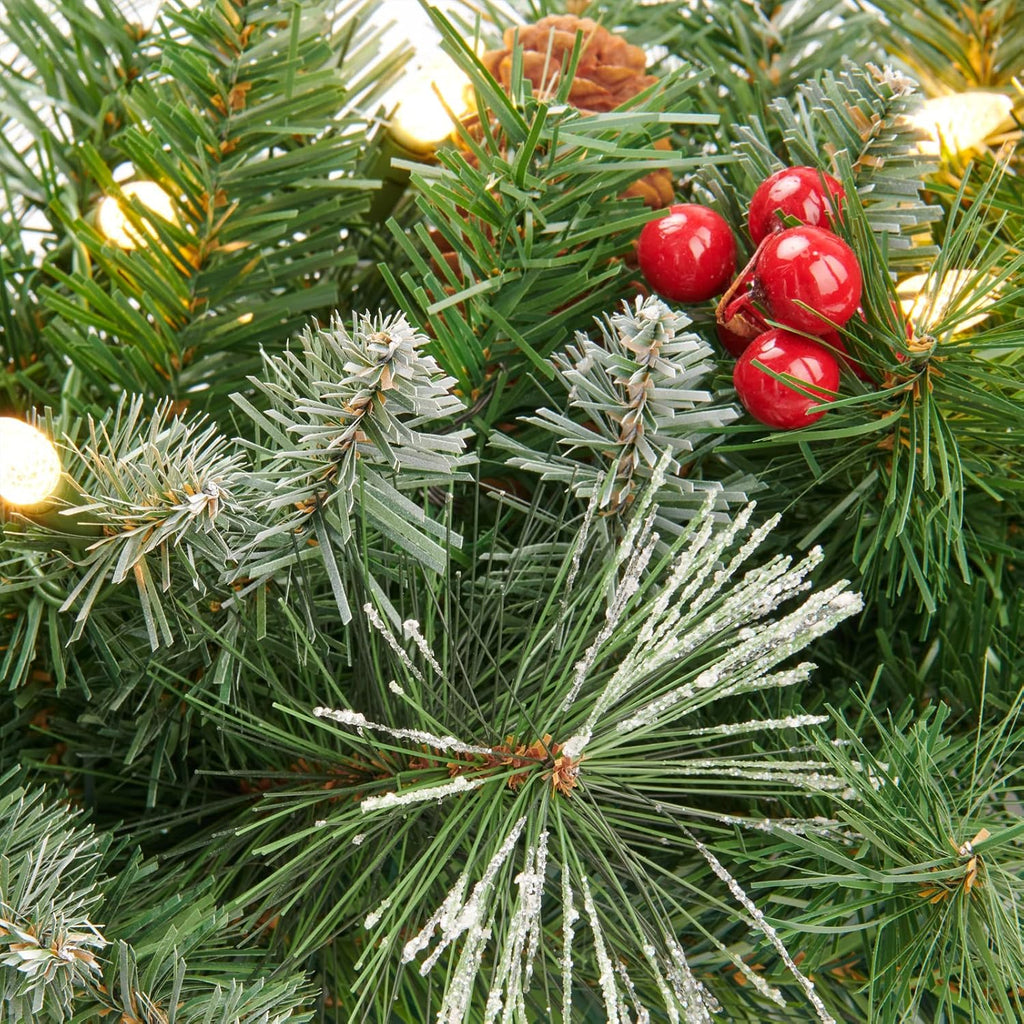 9 feet pre-lit christmas garland, mixed pine decorated, close-up detail