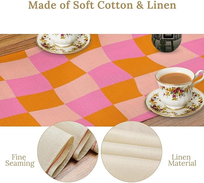Checkered Table Runner Orange Retro 60s70s Boho Style Kitchen Restaurant Decoration Suitable for Indoor and Outdoor Festival Home Wedding Party Table Runner 13x36 Inch