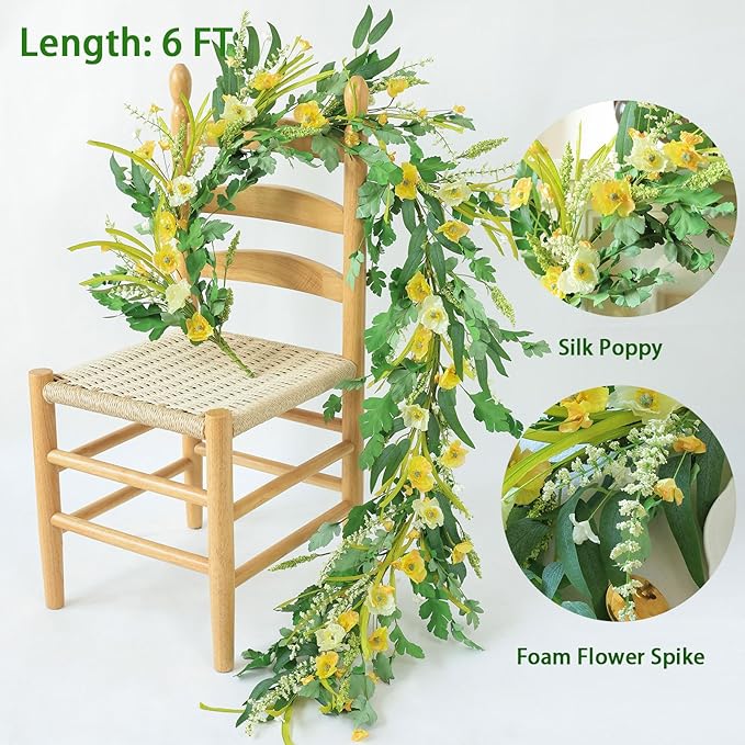 Mizii Yellow Artificial Flower Garland 6FT Fake Poppy Floral Garland Hanging Vines Spring Summer Flowers Decorations for Mantle Table Centerpieces Room Wall Fireplace Wedding Decor (Yellow)