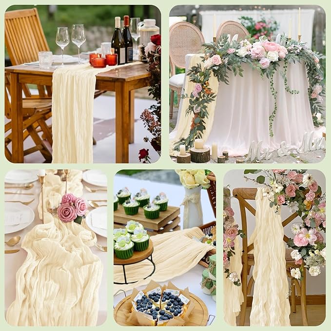 Asee'm 3pcs Cheesecloth Table Runner 120 Inches Long Beige Boho Gauze Cheese Cloth Runner 10FT Rustic Sheer Table Runners for Christmas Wedding Party Baby Shower Spring Easter Decoration