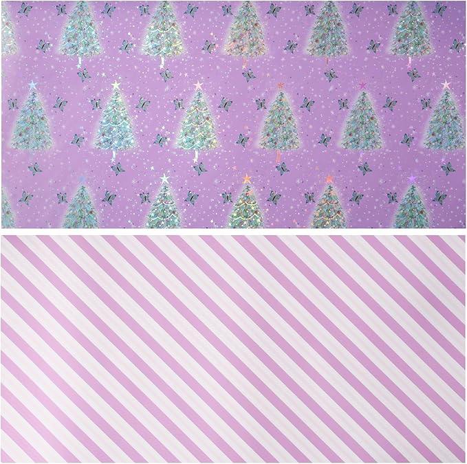 LeZakaa Christmas Purple Wrapping Paper Mini Roll, Christmas Tree Butterfly, Pink Purple Stripe Reversible Design for Winter Holiday Family Gathering, 17 inches x 32.8 Feet