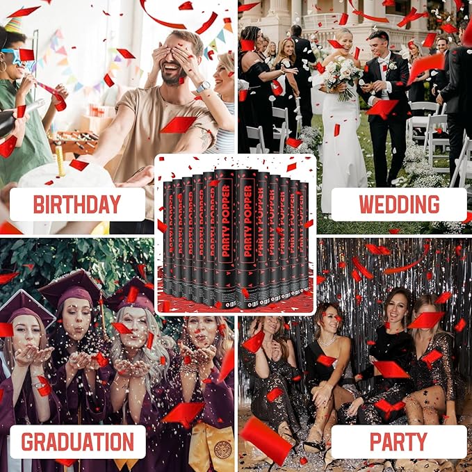 Party Poppers Confetti Cannon 12 Pack Red Poppers 12 Inch Party Shooters Mylar Confetti Red Foil Confetti Cannons Bulk for Wedding Birthday Graduation Baby Gender Reveal Christmas New Year