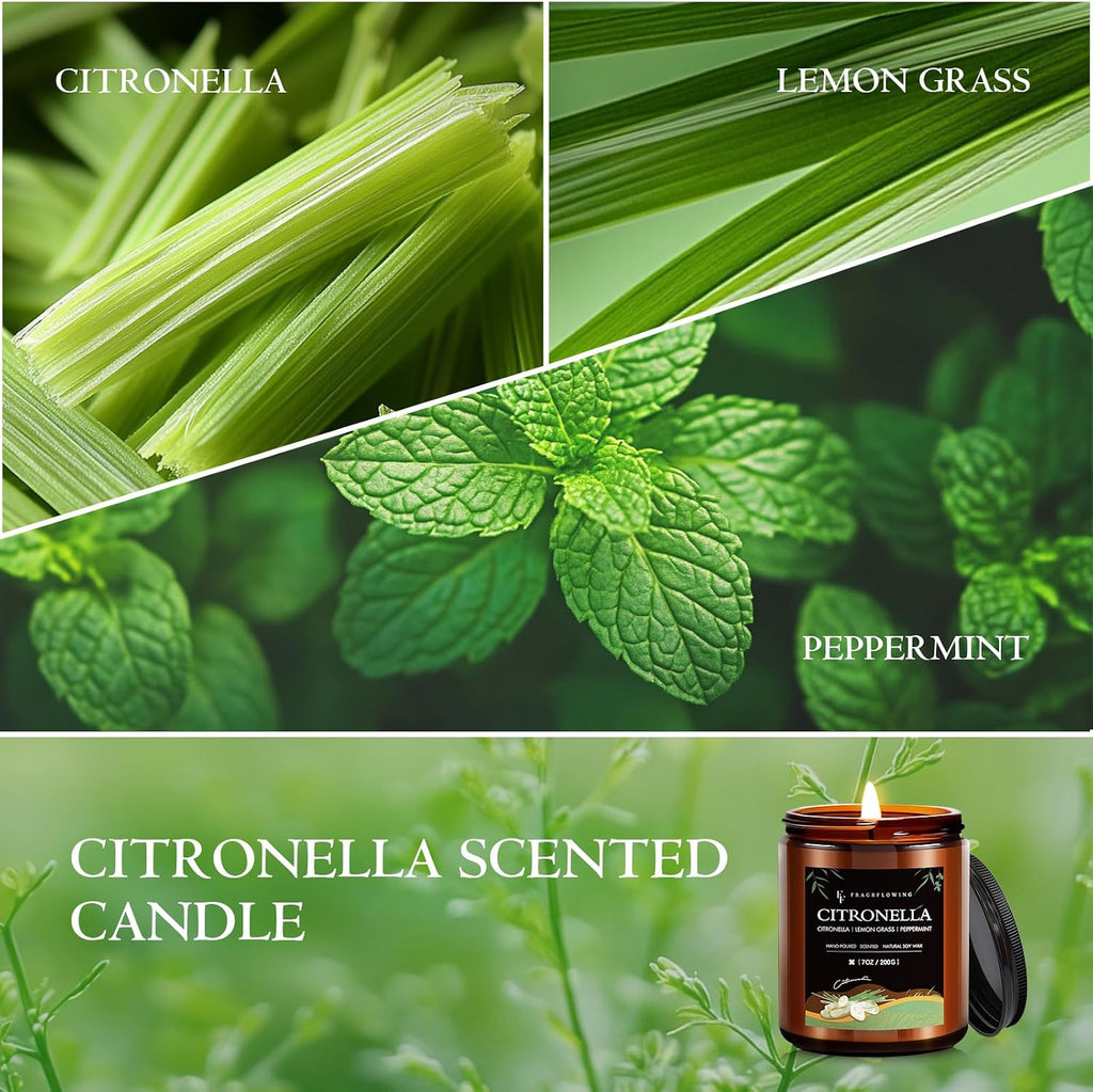 Citronella Candle, Indoor Outdoor Lemongrass Scented Candle，Natural Soy Wax Jar Candle, 50-Hour Burn Time, 7 oz