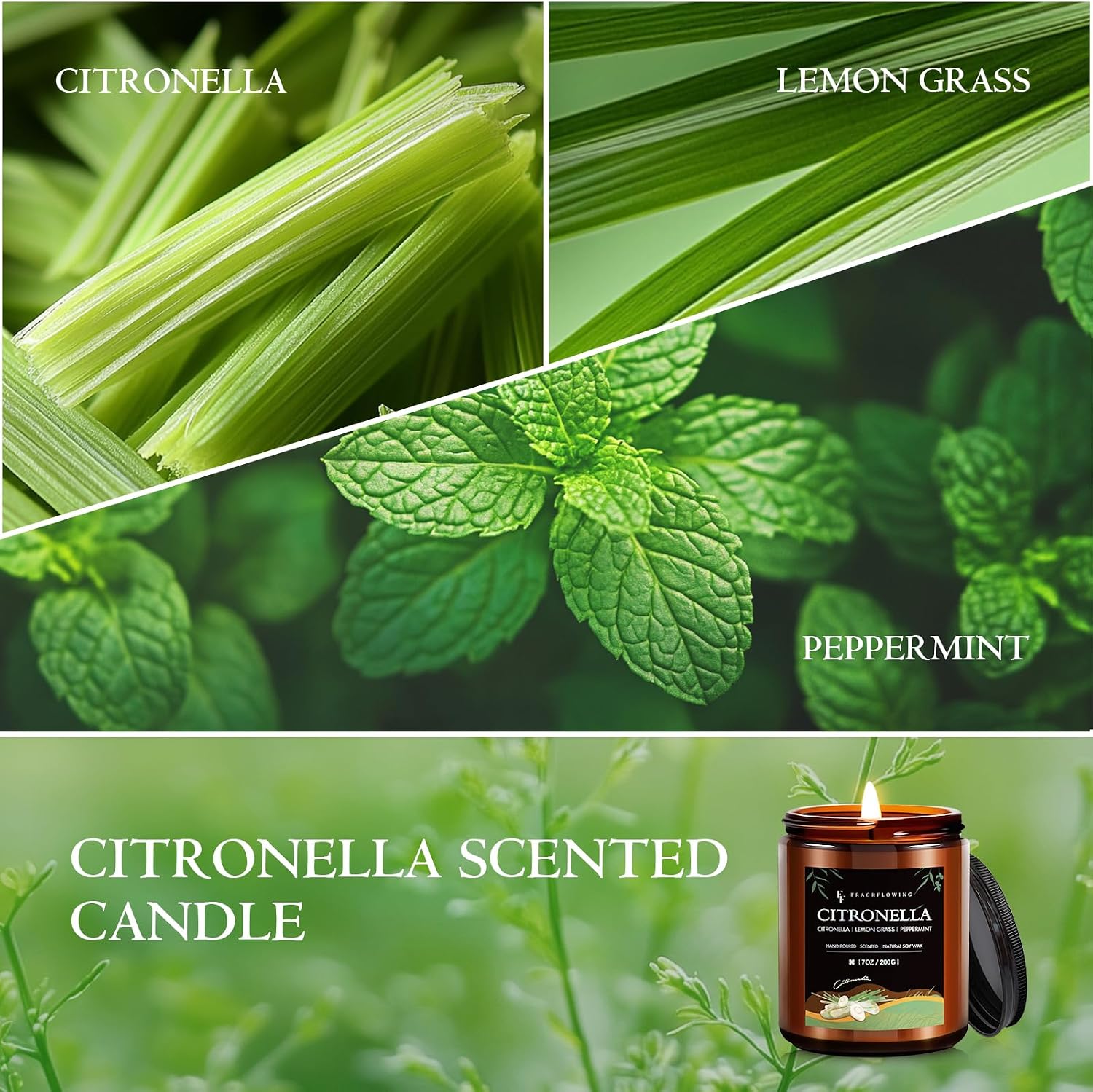 Citronella Candle, Indoor Outdoor Lemongrass Scented Candle，Natural Soy Wax Jar Candle, 50-Hour Burn Time, 7 oz