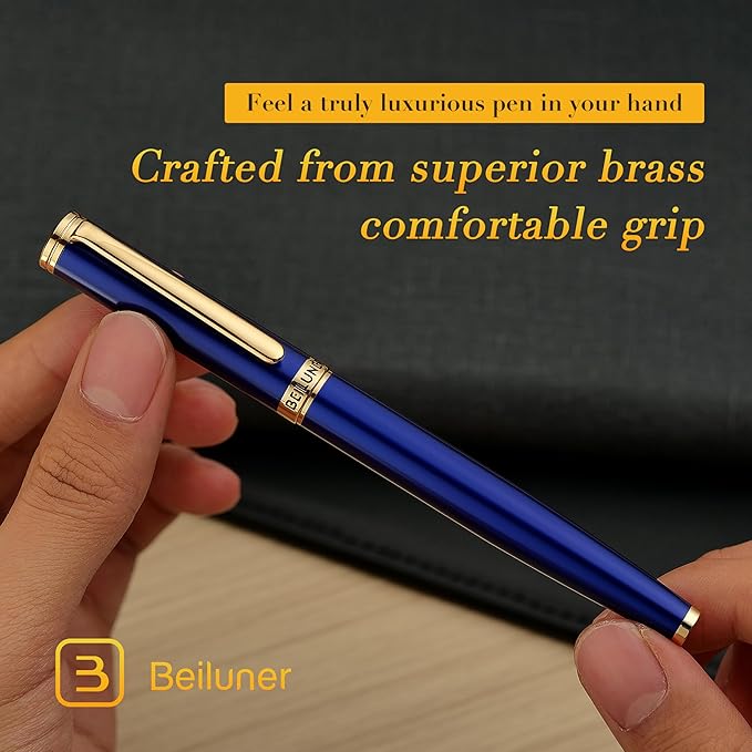 BEILUNER Blue Fountain Pen,Stunning Luxury Pens with 24K Gold Finish, Gorgeous 24K Gilded Nib(Fine), Trustworthy Pen Gift for Men&Women -Ink Converter-Elegant, Graduation,Nice Pen for Writing