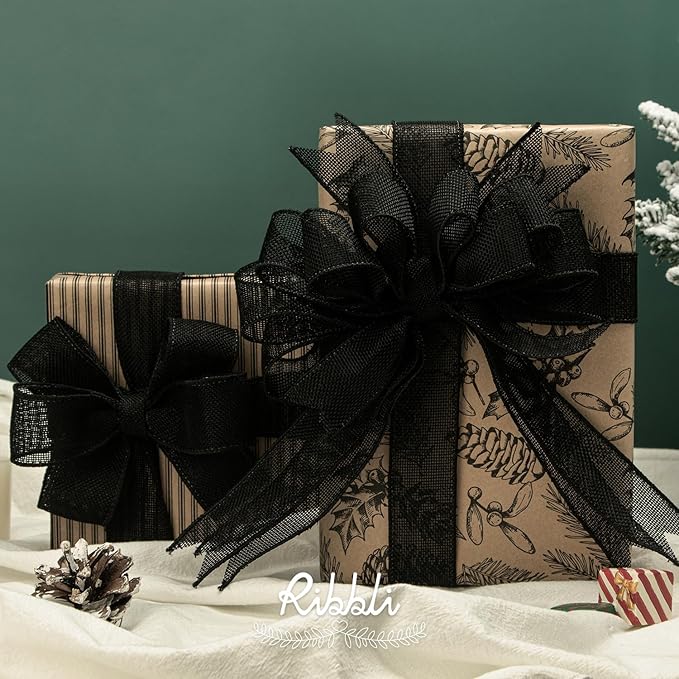 Ribbli Black Burlap Wired Ribbon, 1-1/2” Inch x Continuous 20 Yard, Black Wired Ribbon for Wreaths,Big Bows,Tree Decoration,Outdoor Decoration