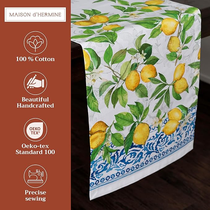 Maison d' Hermine Table Runner 100% Cotton Single Layer Table Runners 108 inches Long Decorative for Home Kitchen Dining Party Baby Shower Wedding Bridal Shower Spring Summer (Cedrat, 14.50" x 108")