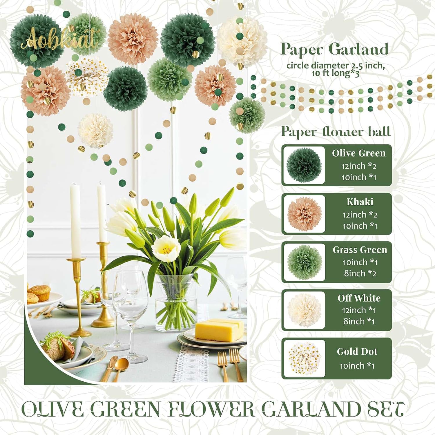 AOBKIAT Wedding Party Decorations Set,15PCS for Green Neutral Baby Shower | Green Khaki Tissue Paper Pom Poms,Garland String Hanging Backdrop for Engagement,Green Boho Themed,Bridal Shower