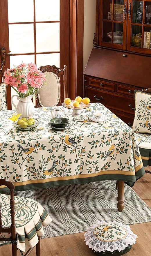 patdrea Designer French Table Cloth for Rectangle Table,Vintage Green Linen Birds and Leaves Pattern Tablecloths,Dacorative Cover Kitchen Dining,Christmas,Thanksgiving,Party,67"x118"-Warbler