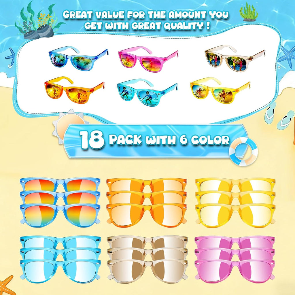 18 Pack Kids Sunglasses Bulk Party Favors, Neon Sunglasses with UV400 Protection for Kids Age 3-8,Great Gift for Birthday ，Graduation Party Supplies Party, Beach, Pool，Boys Girls Goody Bag Stuffers
