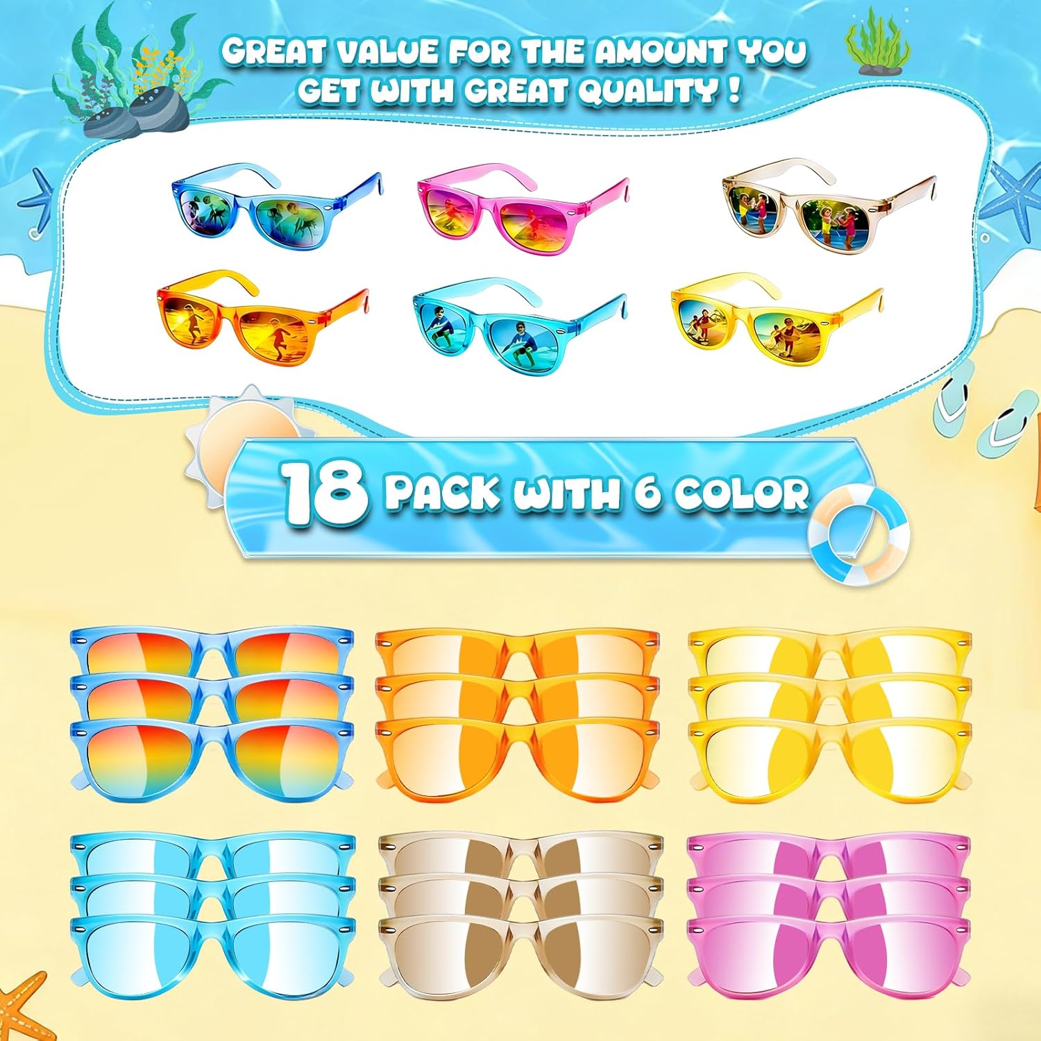 18 Pack Kids Sunglasses Bulk Party Favors, Neon Sunglasses with UV400 Protection for Kids Age 3-8,Great Gift for Birthday ，Graduation Party Supplies Party, Beach, Pool，Boys Girls Goody Bag Stuffers