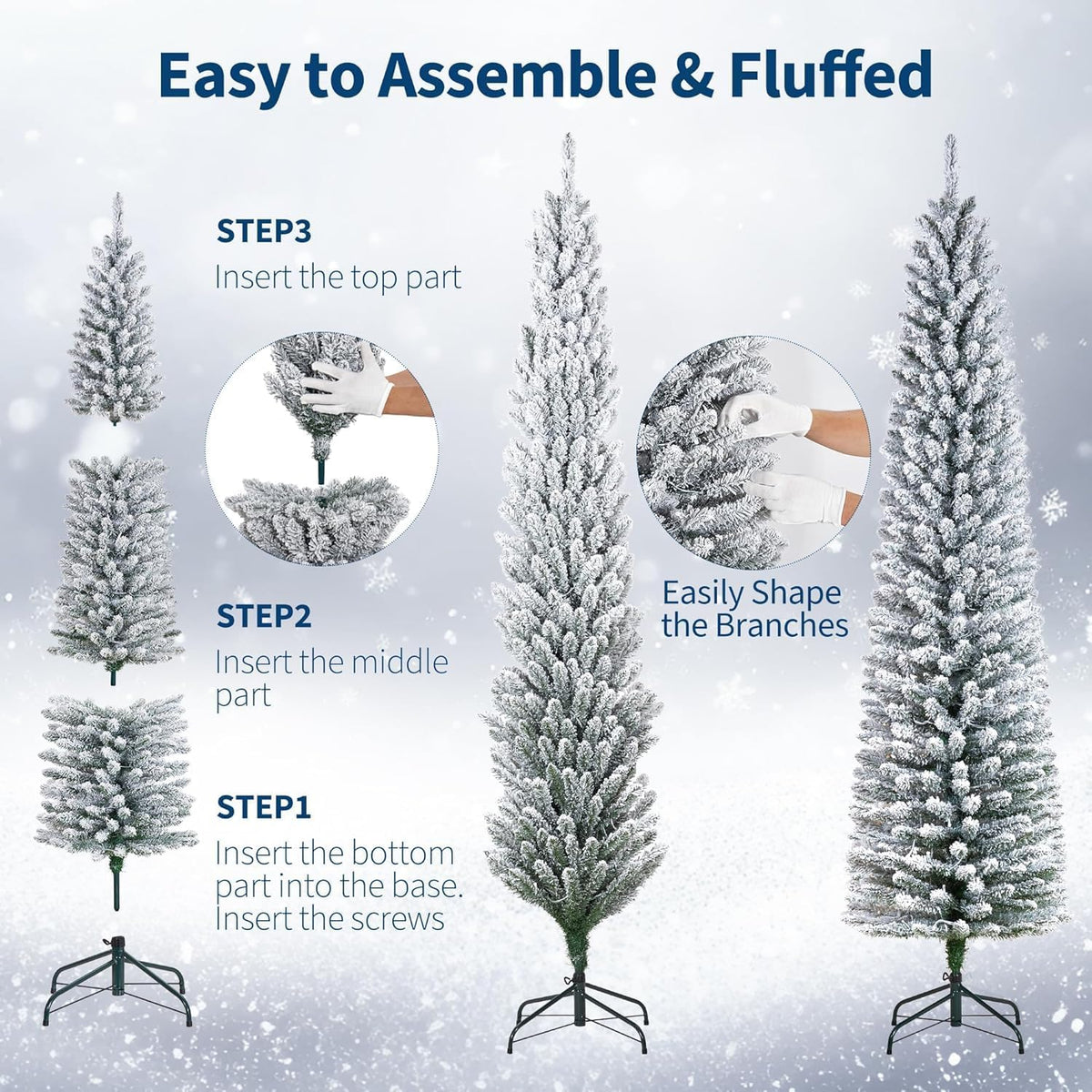 6ft flocked pencil christmas tree - pre-lit frosted on a desk or shelf