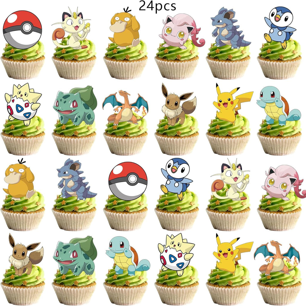 25Pcs For Anime Cake Decorations with 24pcs Cupcake Toppers, 1pcs Happy Birthday Cake Topper, Cartoon Themed Party Supplies, Perfect for Birthday Party Decorations