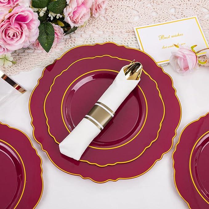 Liacere 350PCS Red Plastic Plates-Disposable Burgundy Red and Gold Plates 50guest Baroque Plastic Dinnerware include 100Plates, 50Pack Pre Rolled Napkins with Silverware 50Cups for Girlfriends' Day