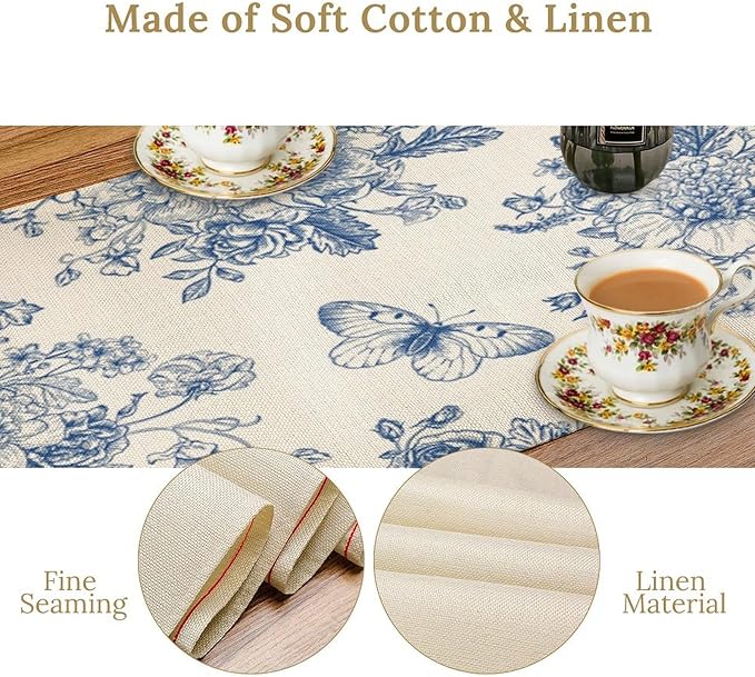 Monochrome Sketch Flowers Table Runner, Seasonal Spring Fall Plants Blue Florals Butterfly Dinner Runner for Home Kitchen Dining Table Party Holiday Decoration 13"x70"