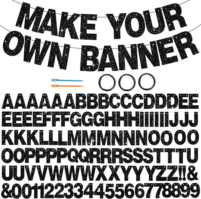 BEISHIDA 116 PCS A-Z Glitter Black DIY Letter Banner Kit Make Your Own Banner，Including 111 Letters and Numbers 3 Rope and 2 Threading Device,Customized for Birthday Graduation Wedding Halloween Party Decor