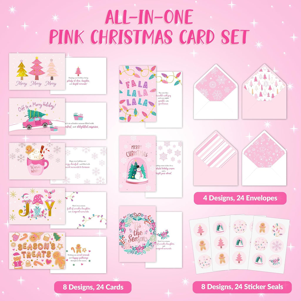 Decorably 24 Pack Foiled 6x4in Pink Christmas Cards with Envelopes and Stickers, 8 Elegant Holiday Designs Seasons Greetings for Family, Friends & Loved Ones with Printed Message, Gifting, Mailing