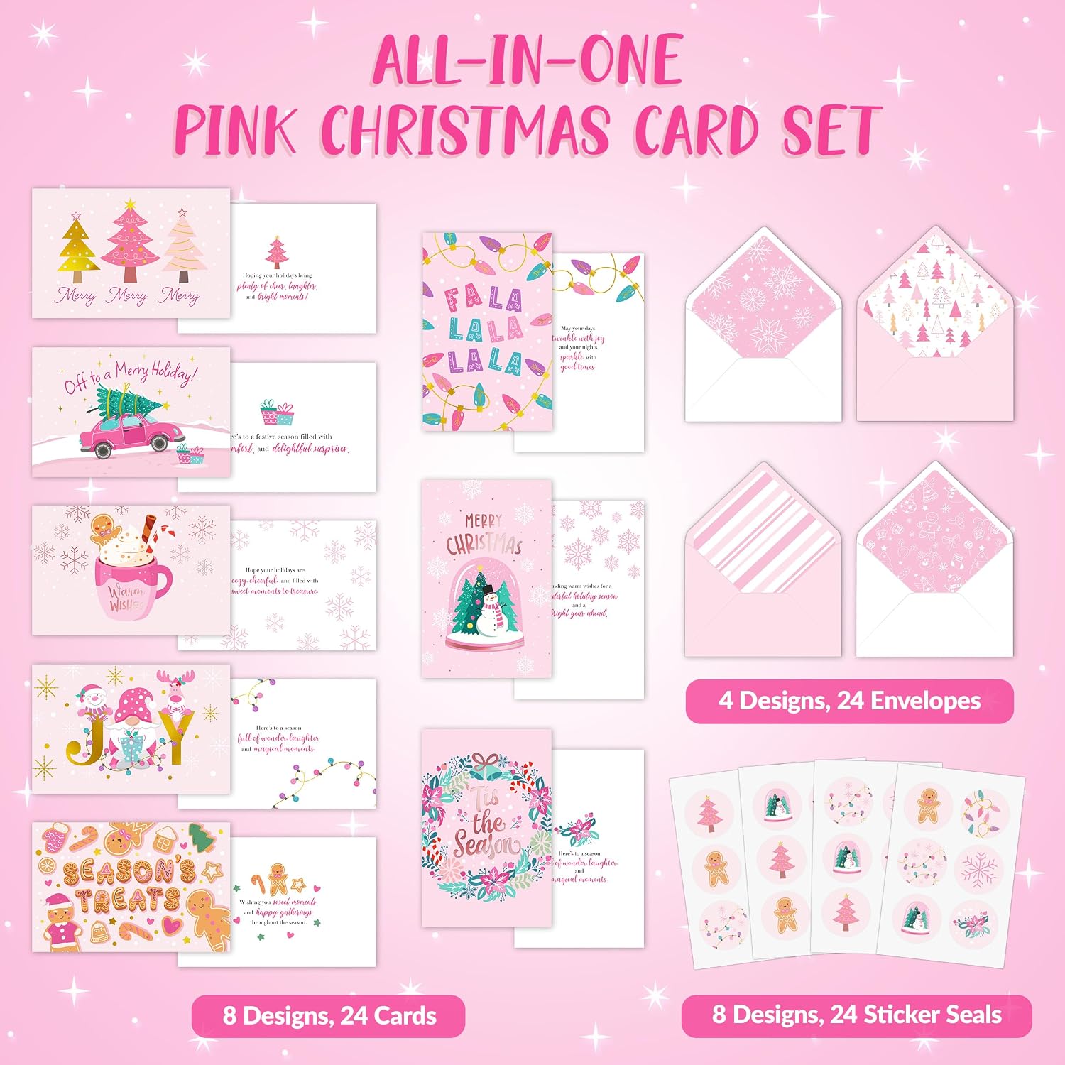 Decorably 24 Pack Foiled 6x4in Pink Christmas Cards with Envelopes and Stickers, 8 Elegant Holiday Designs Seasons Greetings for Family, Friends & Loved Ones with Printed Message, Gifting, Mailing