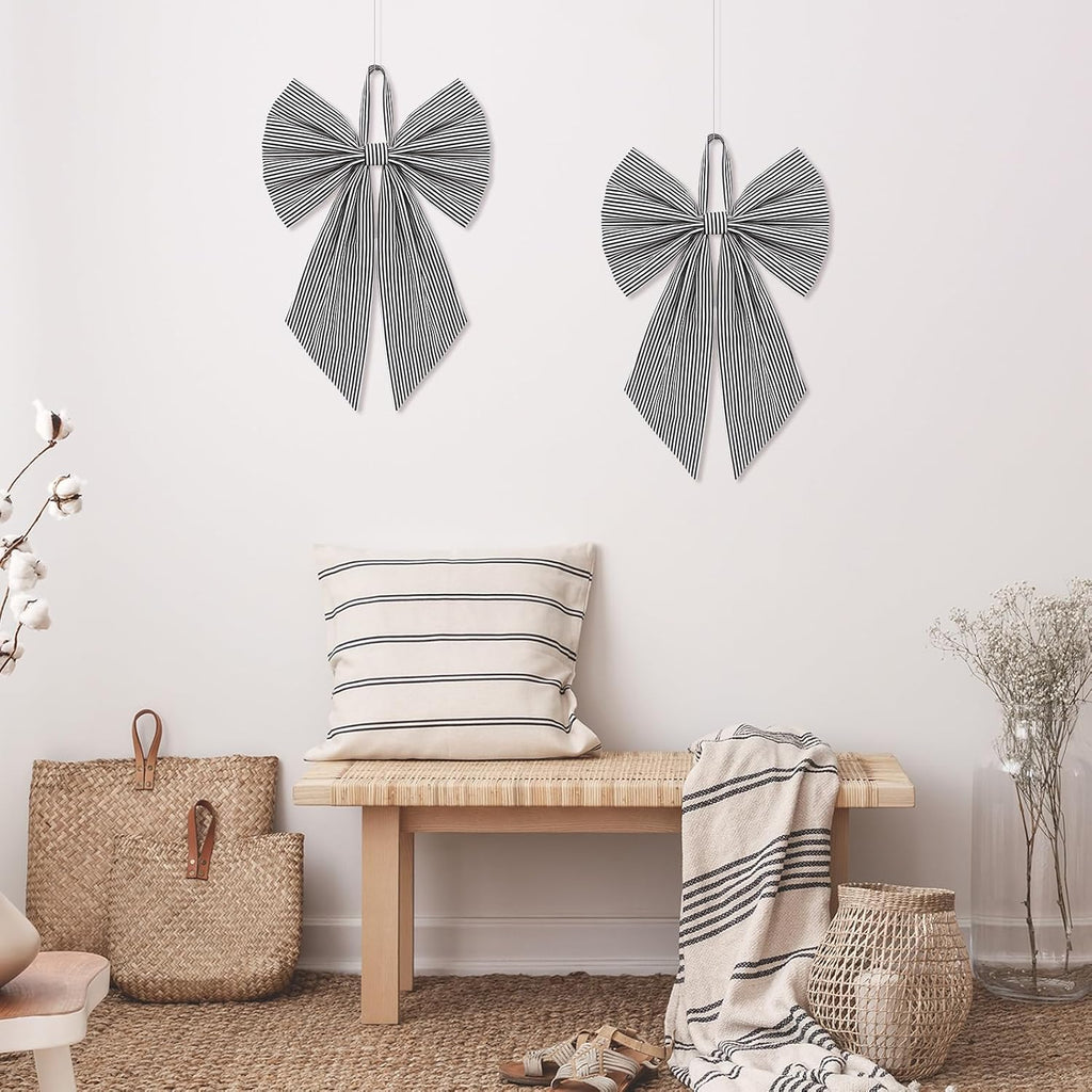 Suncalla Christmas Stripe 2 Pcs Wreath Bows 19.6'' x 11.8'' Large Wreath Sash for Front Door Party Yard Doorway Indoor Outdoor Wall Decoration (Black and White)