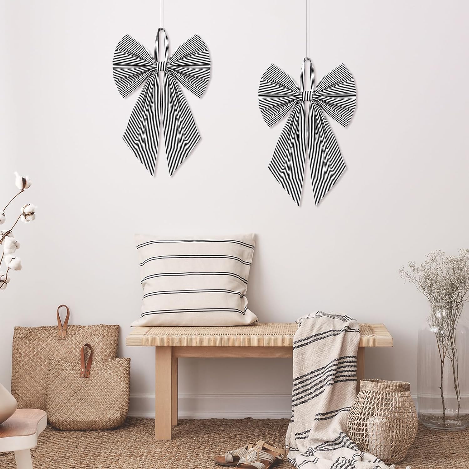 Suncalla Christmas Stripe 2 Pcs Wreath Bows 19.6'' x 11.8'' Large Wreath Sash for Front Door Party Yard Doorway Indoor Outdoor Wall Decoration (Black and White)