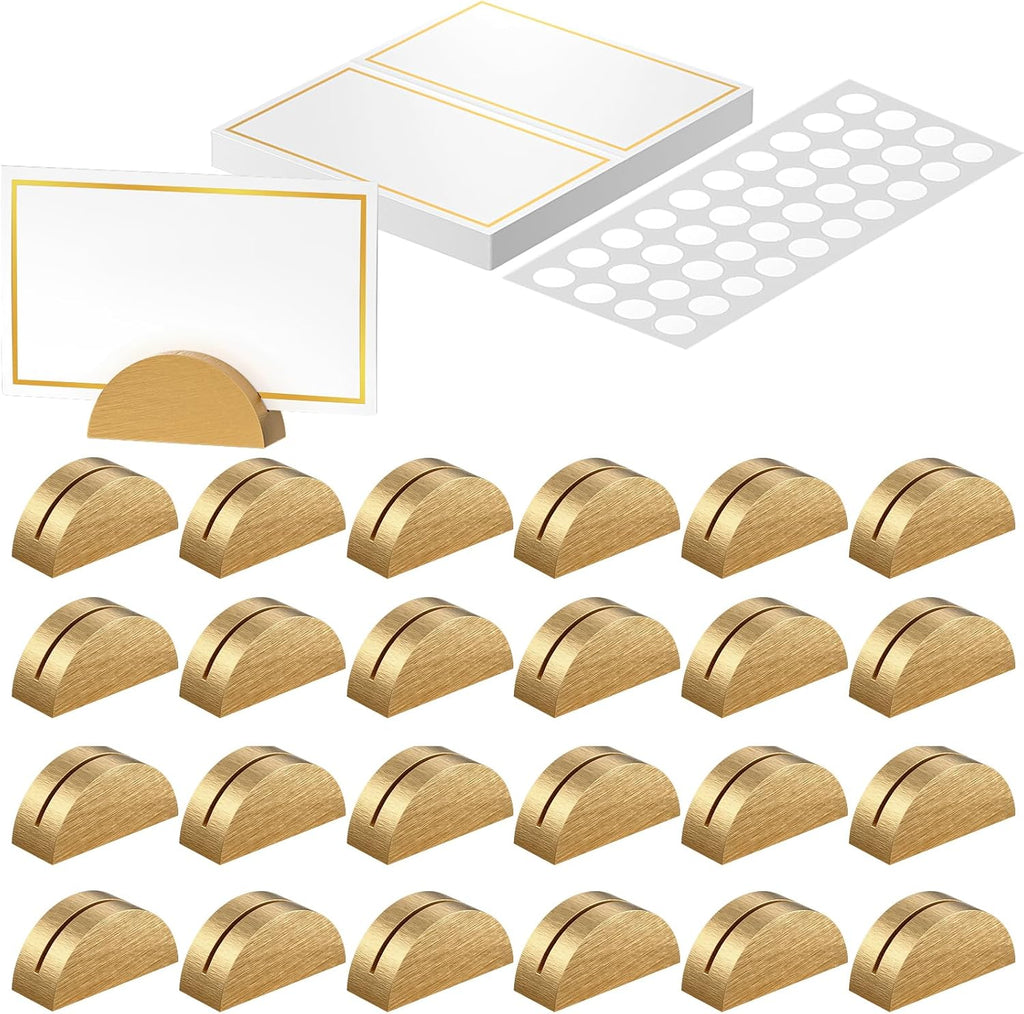 Uniclife 24 Pcs Place Card Holders for Wedding Party Tables | gold wood place card holders include 24 name cards and adhesive dots for wedding, birthday and party tables.