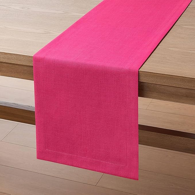 ZeeMart Linen Textured Border Table Runner, 14 x 90 Inch Hot Pink, Farmhouse Style Pink Table Runners 90 Inches Long, Easy Care Everyday Polyester Table Runner