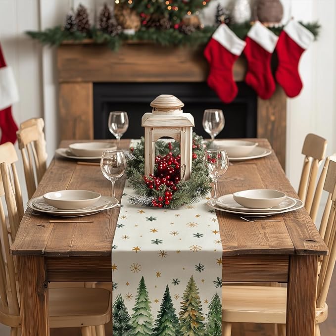 GEEORY Christmas Table Runner 13x108 Inch, Xmas Tees Snowflakes Holiday Decorative Farmhouse Table Decoration for Kitchen Dinning, Indoor Outdoor Dinner Party Decor (Light Green) GT166-108