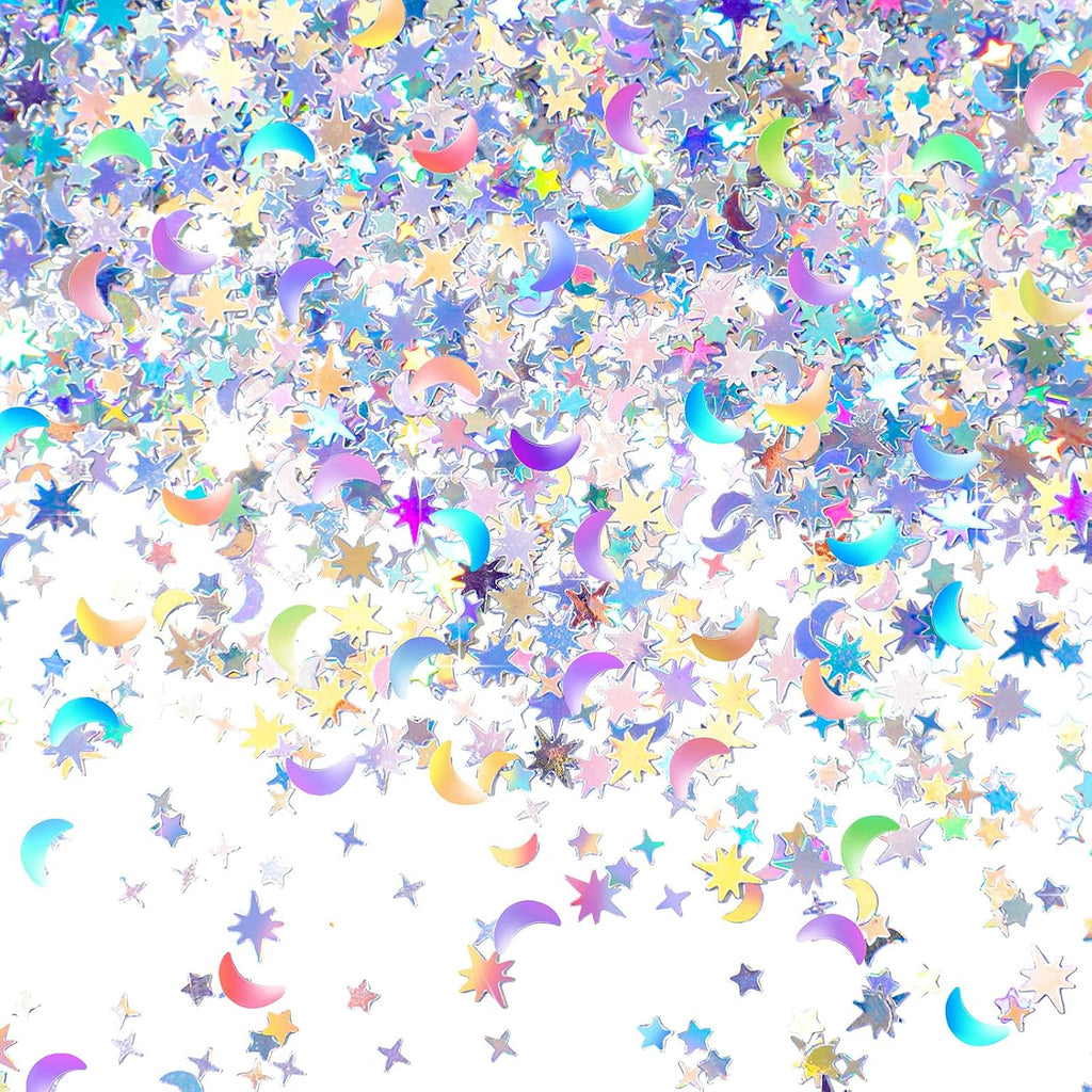 Skylety 60 G/ 2.1 oz Holographic Star Moon Glitter Fairy Confetti Sequin Galaxy Iridescent Metallic Glitter Foil Confetti Sequin Scatter for Valentines Wedding Party DIY(10 mm, 6 mm,Silver)
