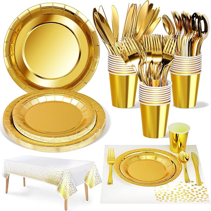 141 Pieces Gold Party Supplies, Party Dinnerware Sets Include Paper Plates Napkins Cups Silverware, for Wedding Bridal Shower Engagement Birthday Parties Decoration -20 Serves