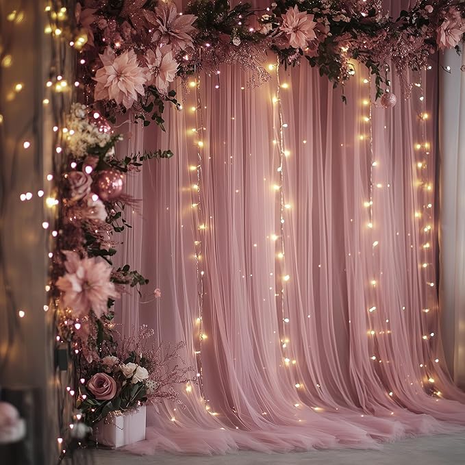 Fomcet Dusty Rose Tulle Backdrop Curtains with Lights String 10FT X 10FT Sheer Curtains with Lights Tulle Curtain Backdrop for Wedding Birthday Party Photo Shoot (2 Panels 5x10FT)