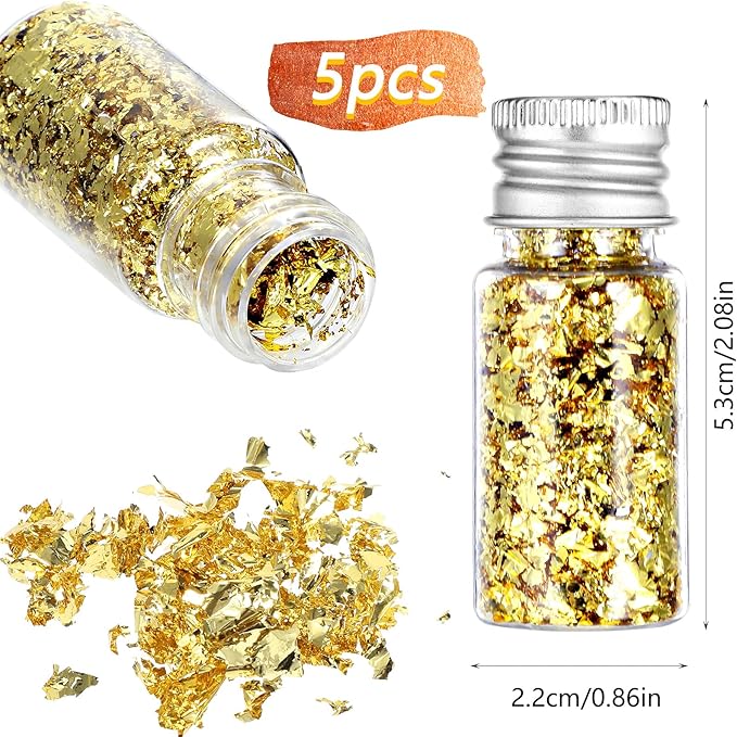 5Pcs Decorative Gold Leaf, Multifunction Gold Flakes Cake Decoration Baking Foil Decor with Plastic Tweezers for Cooking Dessert Steak Decoration Crafts Makeup