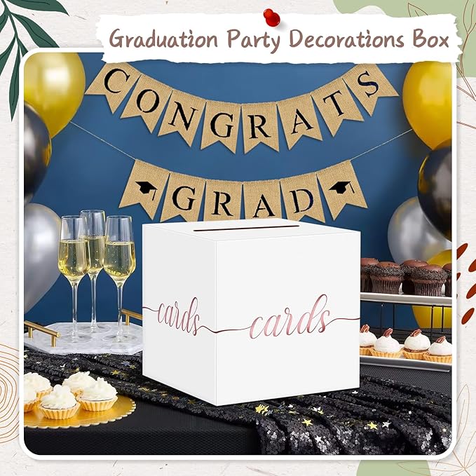 QIKSION White Wedding Card Box, Rose Gold Foil Gift Card Box for Party, Wedding Reception, Graduation, Birthday, Baby Shower, Raffle