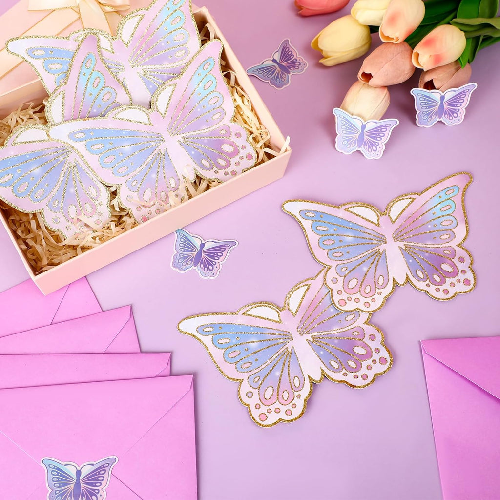 Hotop 24 Sets Butterfly Birthday Invitations with Stickers and Envelopes for Kids Girls, Cute Butterfly Party Invitations Cards for Birthday Baby Shower Party Favors Supplies, 4x6 Inch
