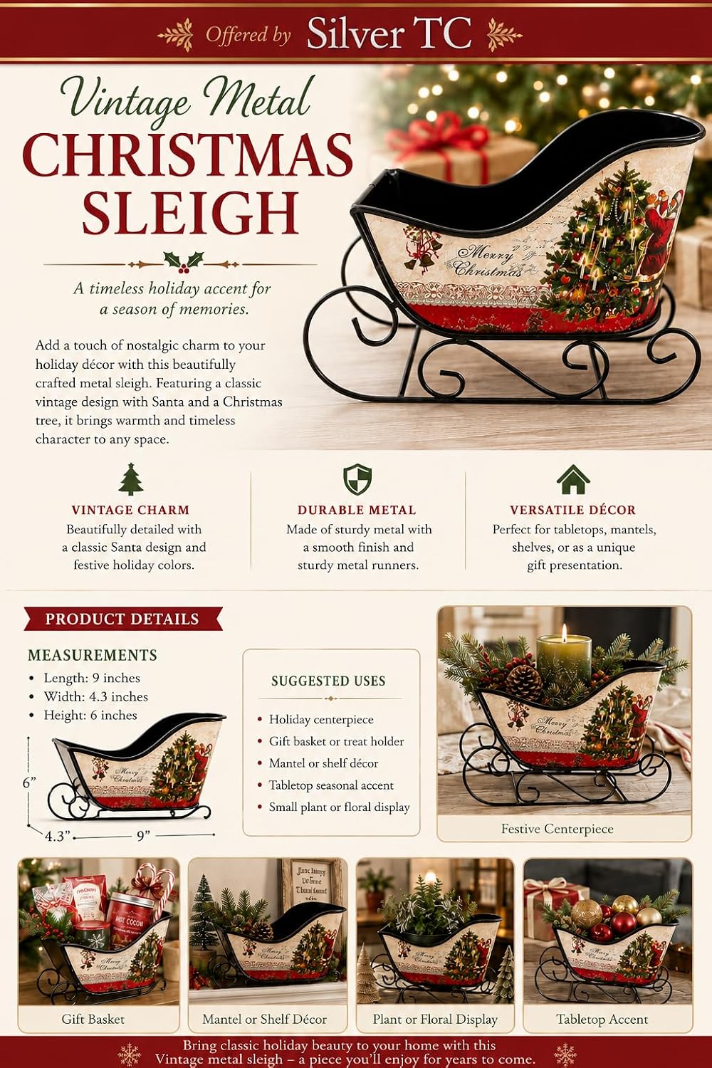Christmas Sleigh Metal Ornament Small Candy Storage Gift Tabletop Centerpiece Mantel Fireplace (Multicolor Merry Christmas)