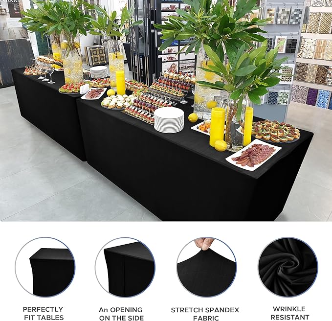Nasitos Spandex Fitted Table Covers for 6 Foot Tables - 72 x 30 Inch - 2 Pack Black Stretch Table Clothes, Wrinkle Resistant Rectangle Tablecloths for Parties, Trade Show, Craft Show, Birthday