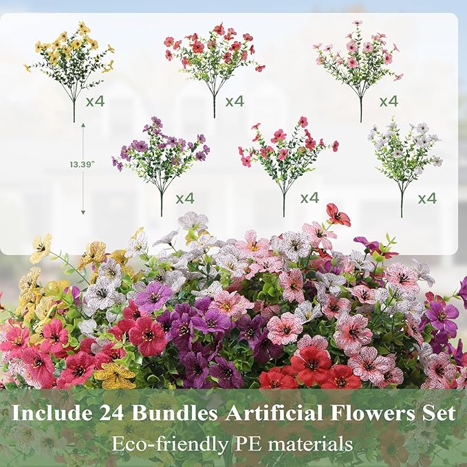 Artificial Flowers for Outdoors 24 Bundles, UV Resistant Colorful Fake Silk Flower Outdoor Planter Garden Decor Indoor Decorations