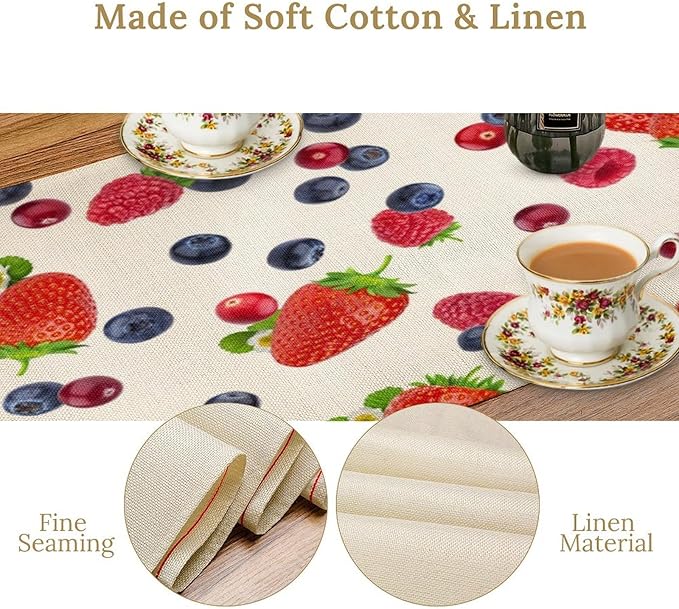 Strawberry Table Runner Spring Summer Fruit Wild Berry Forest Garden Dinner Runner for Farmhouse Party Holiday Home Kitchen Dining Table Decor 13x90