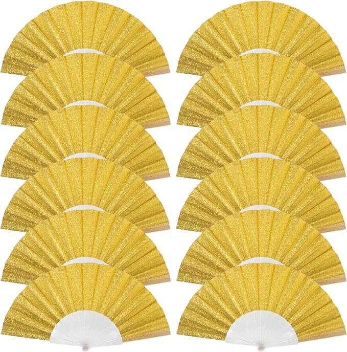12 Pack Handheld Fan,Folding Hand Glitter Fan with Shining Transparent Fan Rib – Ideal for Wedding, Church, Festival, Dance, Tea Party, Club, and EDM Accessories, Yellow