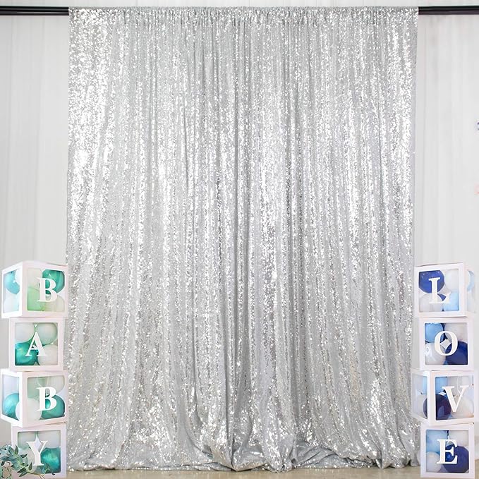 ShinyBeauty Sparkling Sequin Photo Backdrop 7x7 Feet - Silver Glitter Polyester Fabric for Baby Showers, Birthdays, Photoshoots, Wall Decor (Professional Studio & Party Decoration)