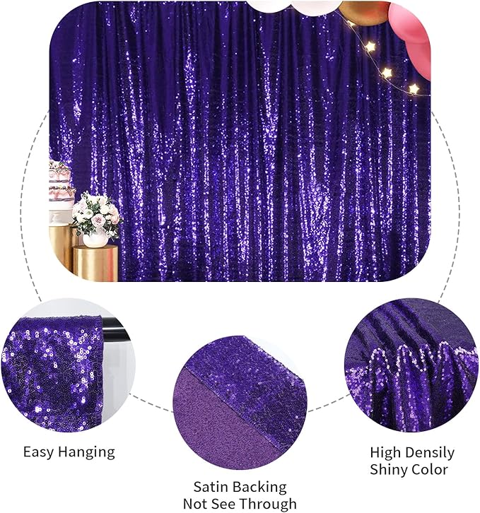 SquarePie Sequin Backdrop Curtain Not See Through Thick Glitter Background for Party 7FT x 7FT Purple