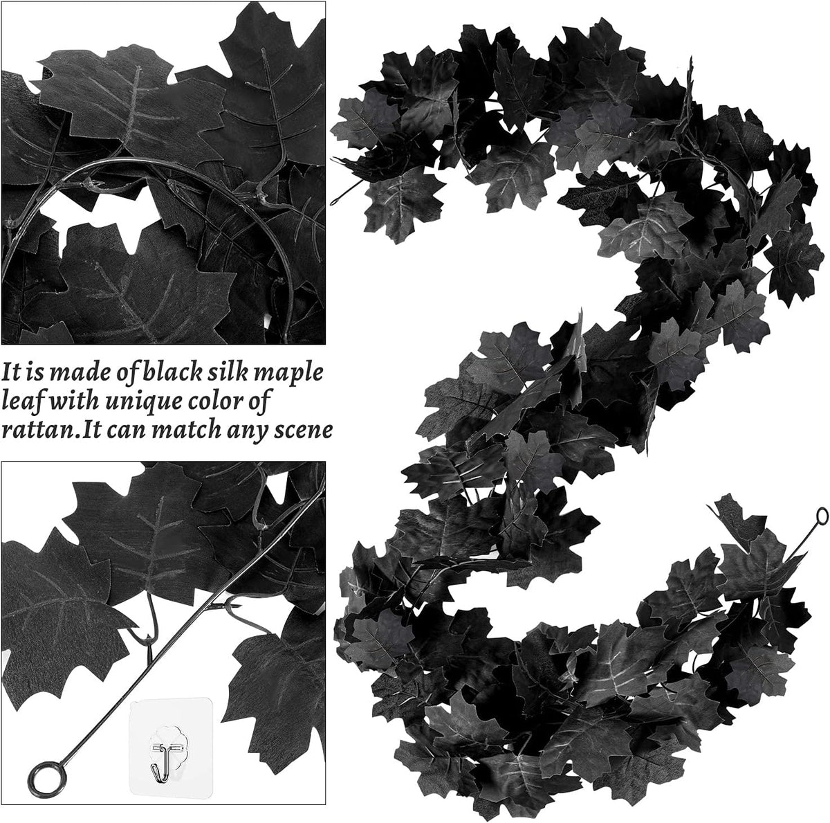 black leaf garland, 8pcs artificial hanging fall maple, close-up detail
