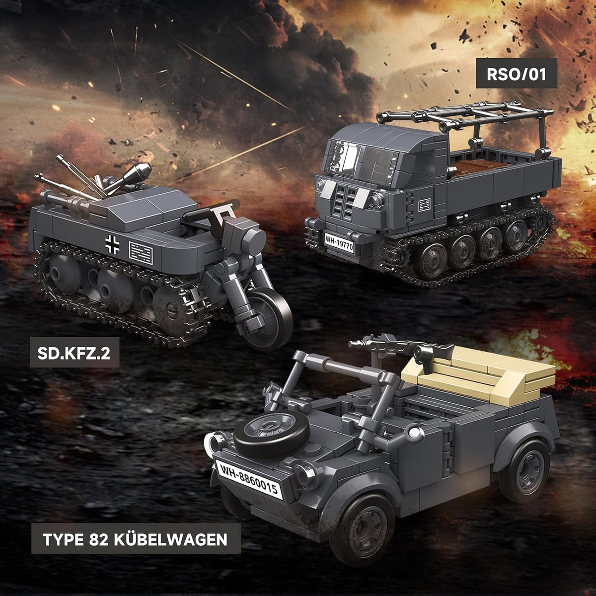 4 in 1 ww2 army tank building block, side view