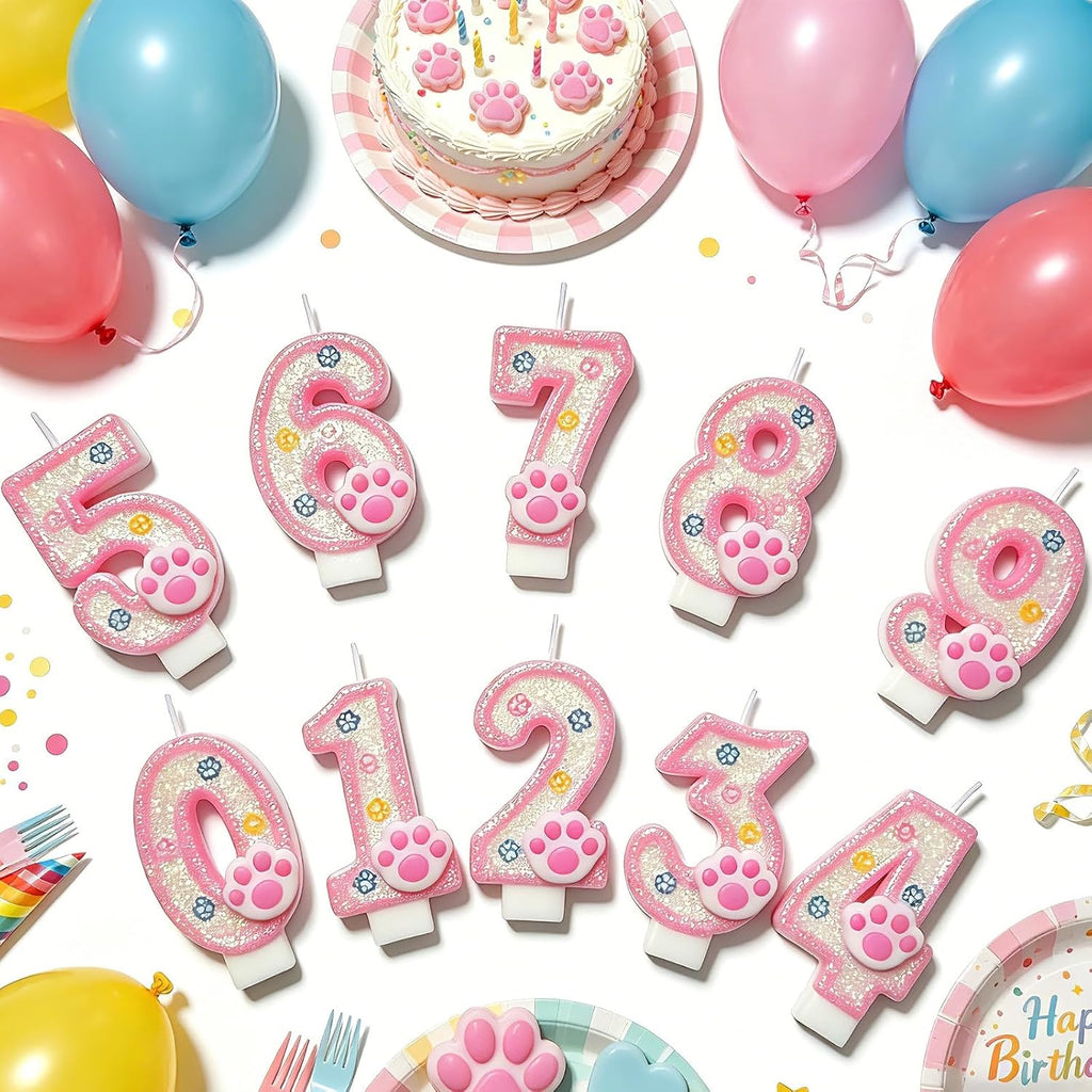 Dog and Cat Paw Number Candles for Cake Decoration, Pink Kitten Paw Number 2 Candle, Dog Themed Birthday Cake Topper for Party Decorations