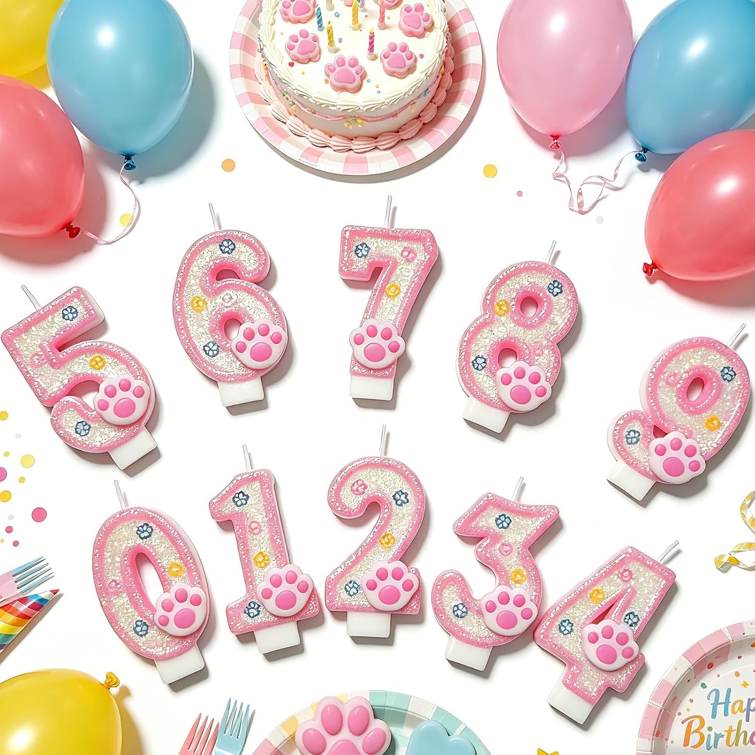 Dog and Cat Paw Number Candles for Cake Decoration, Pink Kitten Paw Number 2 Candle, Dog Themed Birthday Cake Topper for Party Decorations