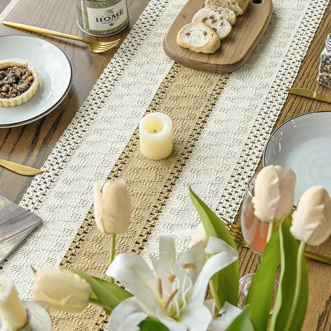 Artoid Mode Burlap Brown Farmhouse Rustic Table Runner, Seasonal Holiday Hollow Kitchen Dining Table Decoration for Home Party Decor 12x36 Inch