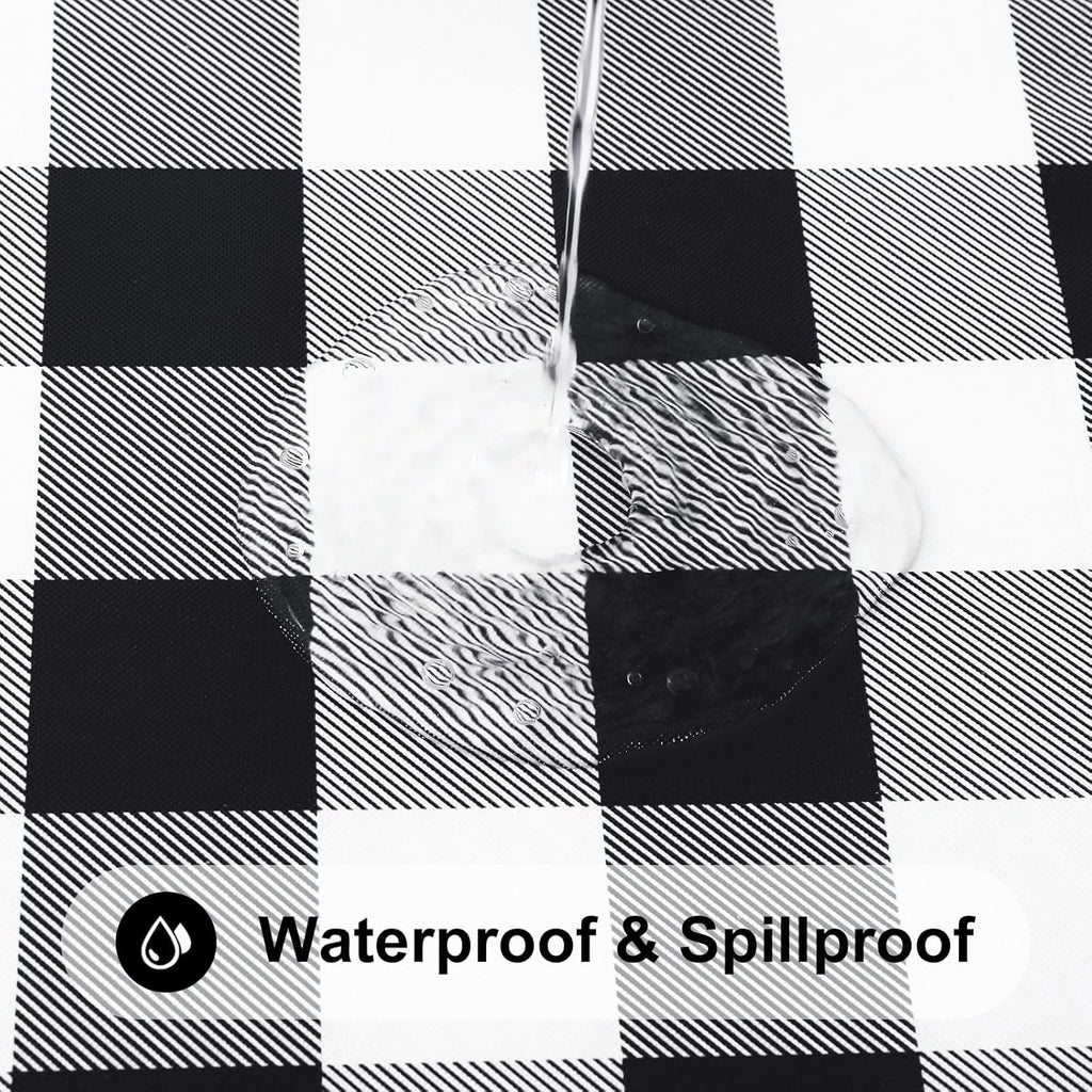 Smiry Rectangle Picnic Table Cloth, Elastic Waterproof Fitted Vinyl Tablecloths, Flannel Backed Buffalo Plaid Table Covers for Dining, Camping, Outdoor (Black and White, 30" x 72")