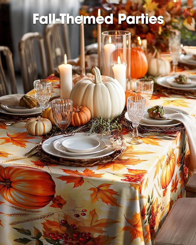 Pureegg Plastic Table Cloth Disposable 10 Pack, 54 x 108 Inch Table Cloths, Thanksgiving Decorations, Harvest Party, Fall Tablecloths, Rectangle Tables, Leakproof & Sturdy, Pumpkin Harvest