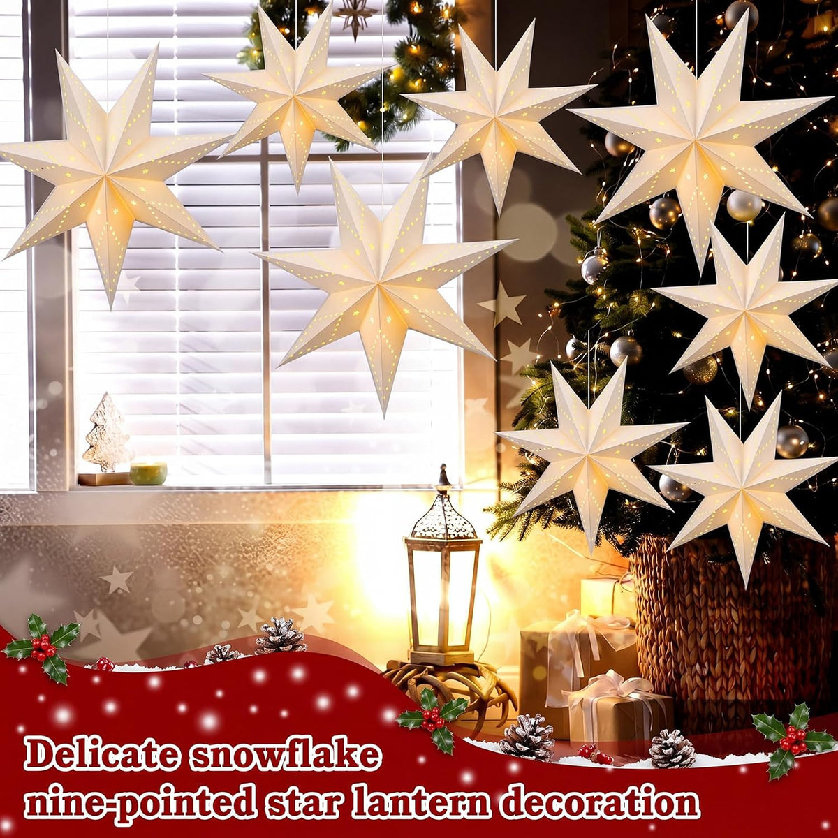 Youyole 12 Set Christmas Paper Star Lantern with Lights, 7 Pointed