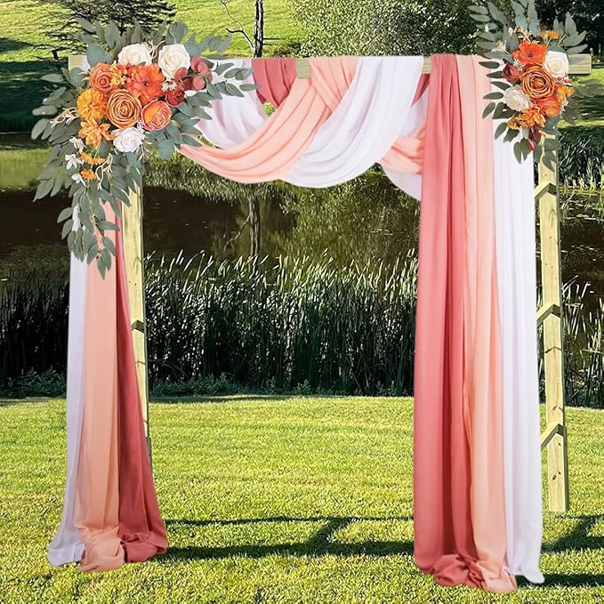 3 Panels Dusty Rose Arch Drapery 20Ft Chiffon Drapes Sheer Hanging for Wedding Background Stage Bridal Shower Decoration (White+Peach+Dusty Rose)