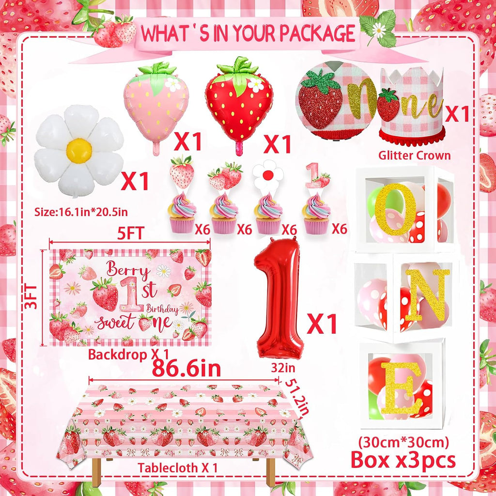 Strawberry first Birthday Decorations for Girls Berry Sweet One Strawberry 1st Birthday Decor Party Supplies include Photo Banner Highchair Banner Crown Balloon Boxes Backdrop Tableware Set